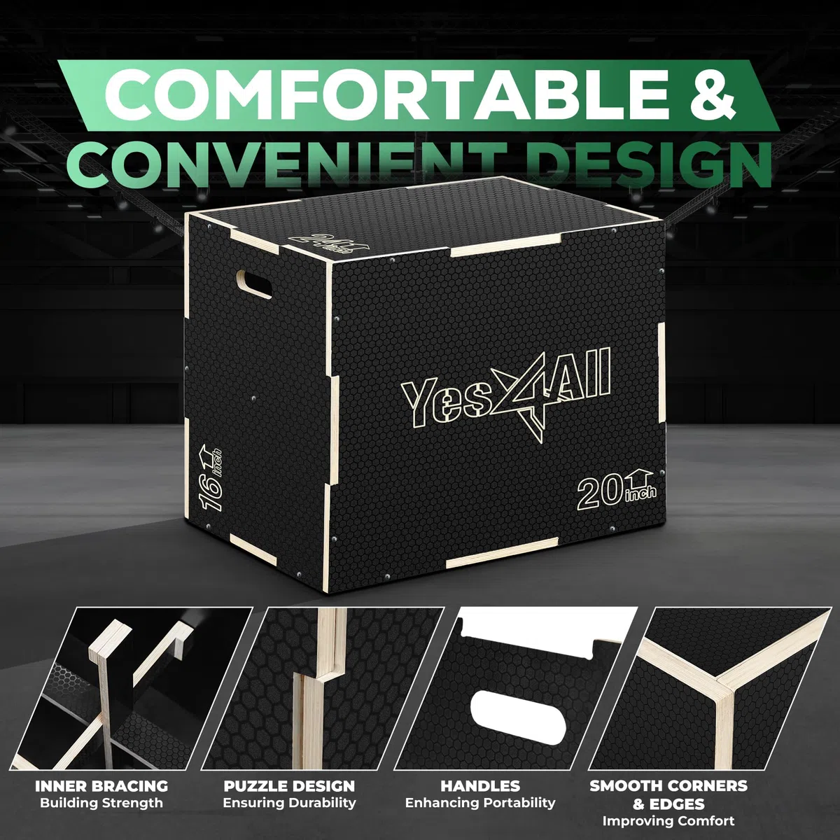 Yes4All 3 in 1 Non-Slip Wooden Plyo Box, Plyometric Box for Home Gym and Outdoor Workout 16" 14" 12" - Black