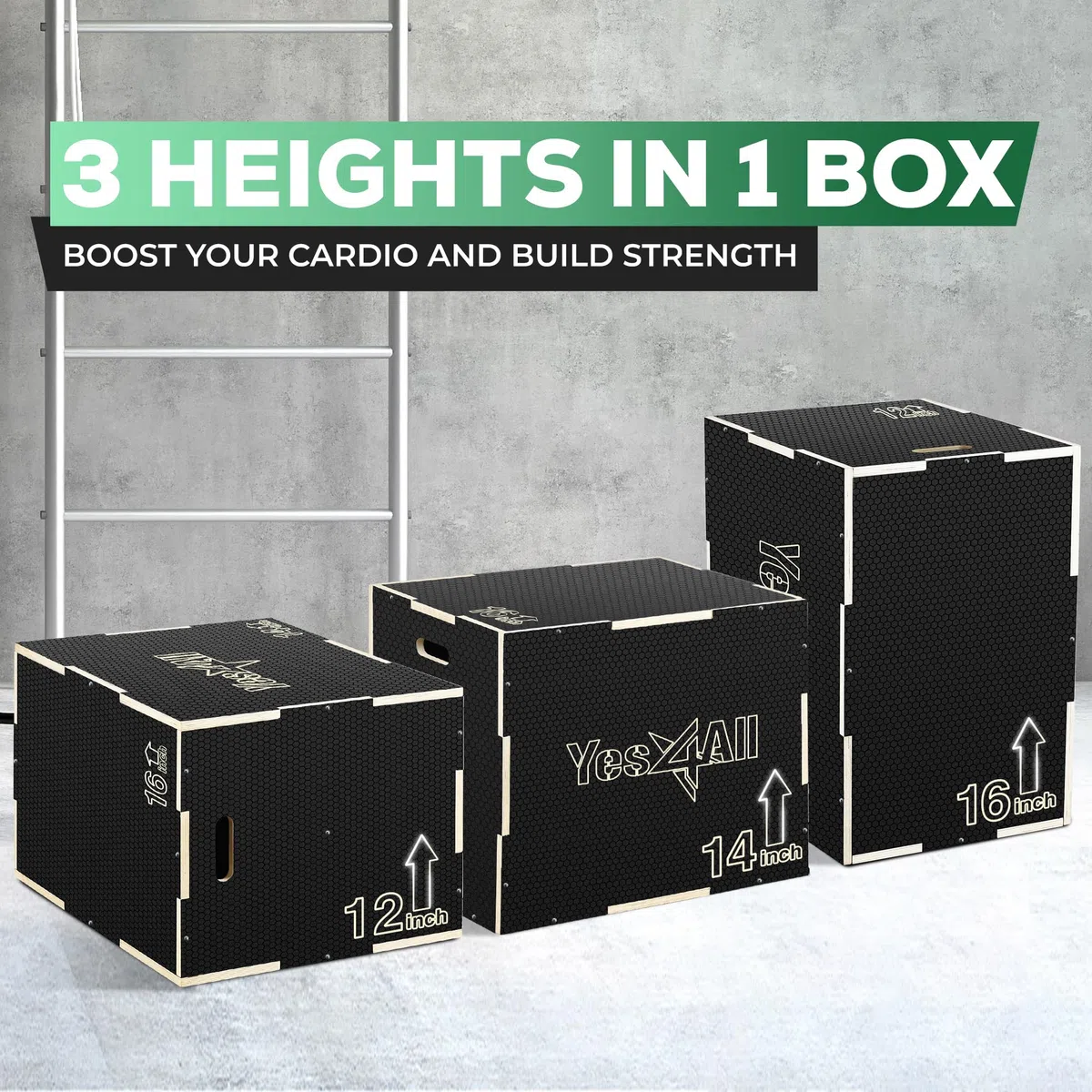 Yes4All 3 in 1 Non-Slip Wooden Plyo Box, Plyometric Box for Home Gym and Outdoor Workout 16" 14" 12" - Black