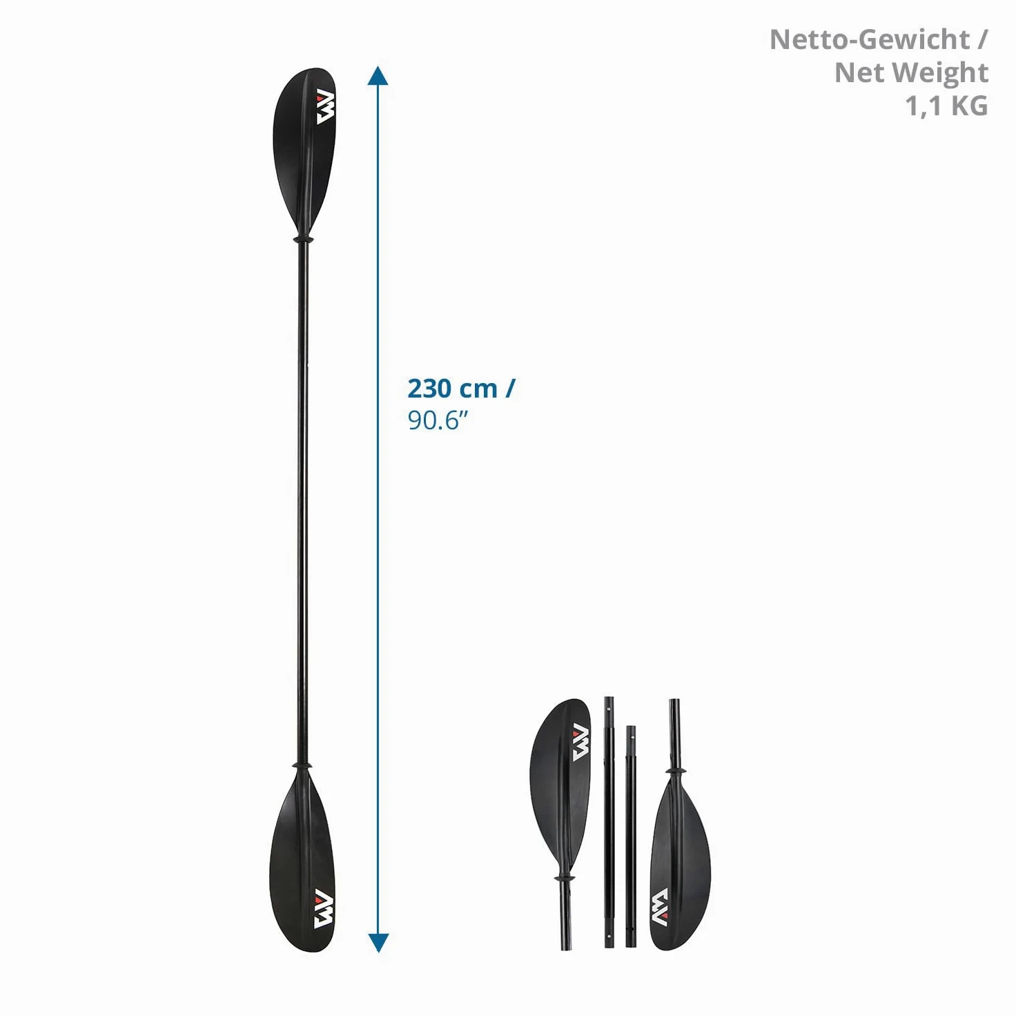 Aqua Marina wiosło kajakowe KP-2 2021 z włókna szklanego, czarne, 4-częściowe wiosło do pływania kajakiem, łodzią, długość 230 cm