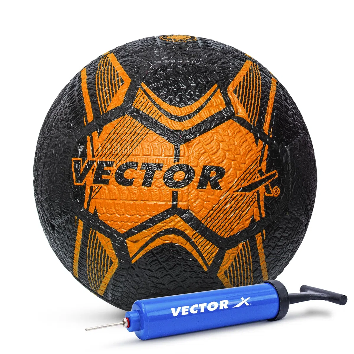 Vector X Piłka nożna uliczna gumowa formowana wodoodporna piłka nożna do wewnątrz i na zewnątrz + pompka z pęcherzem butylowym, czarno-pomarańczowa, rozmiar 5, odpowiednia do meczów i treningu dla